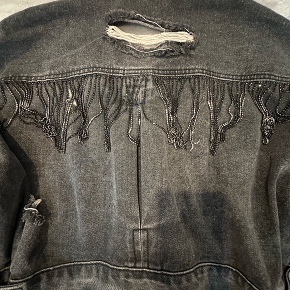 Blue B Dark Distressed Cropped Denim Jacket with Rhinestone Fringe
Size S/M - Picture 7 of 9